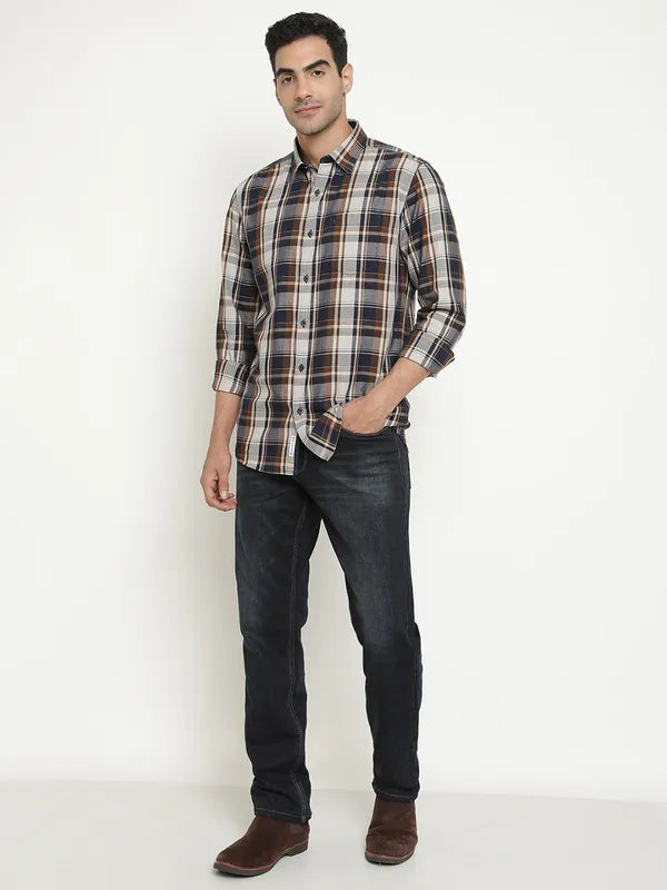 Mettle Men Brown Tartan Checks Opaque Checked Casual Shirt