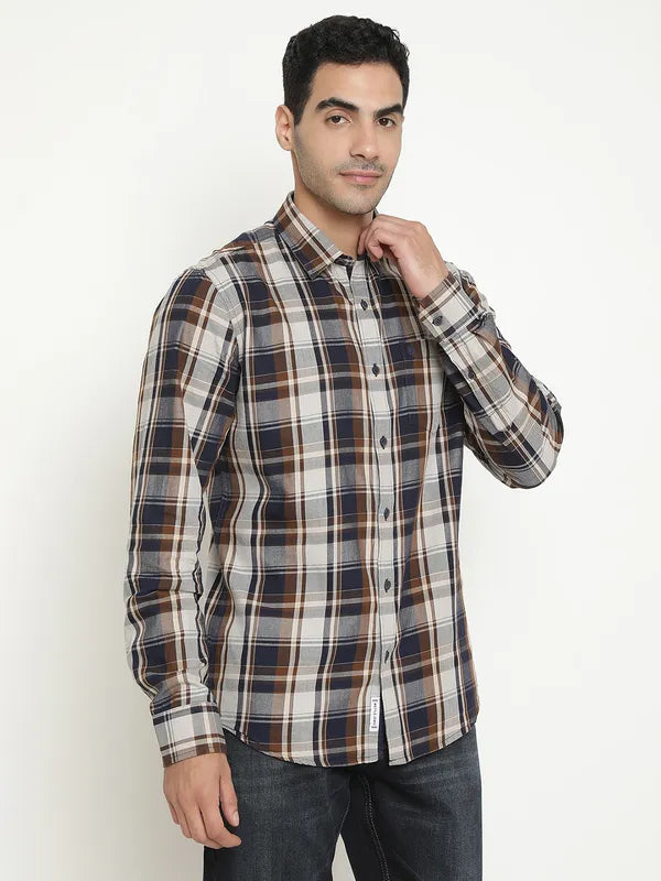 Mettle Men Brown Tartan Checks Opaque Checked Casual Shirt