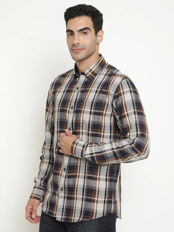 Mettle Men Brown Tartan Checks Opaque Checked Casual Shirt