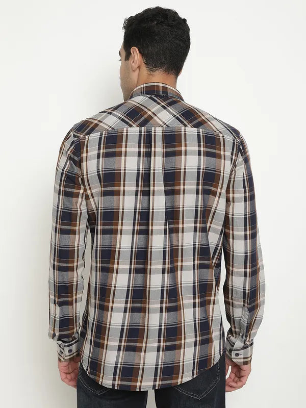 Mettle Men Brown Tartan Checks Opaque Checked Casual Shirt