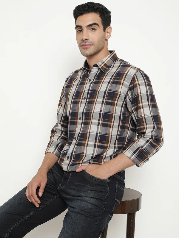 Mettle Men Brown Tartan Checks Opaque Checked Casual Shirt