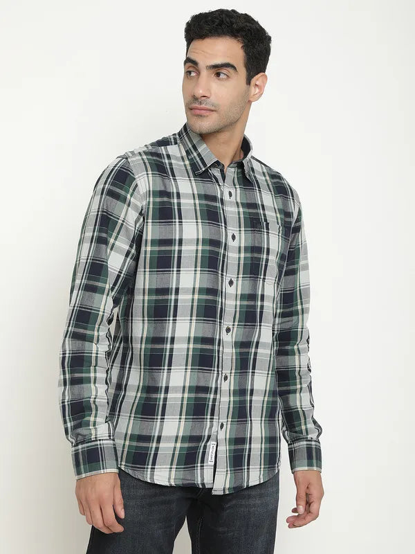 Mettle Men Green Tartan Checks Opaque Checked Casual Shirt