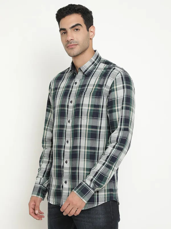 Mettle Men Green Tartan Checks Opaque Checked Casual Shirt