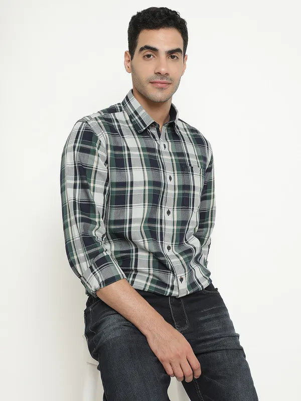 Mettle Men Green Tartan Checks Opaque Checked Casual Shirt