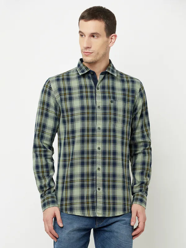 Mettle Men Olive Green Tartan Checks Checked Casual Shirt