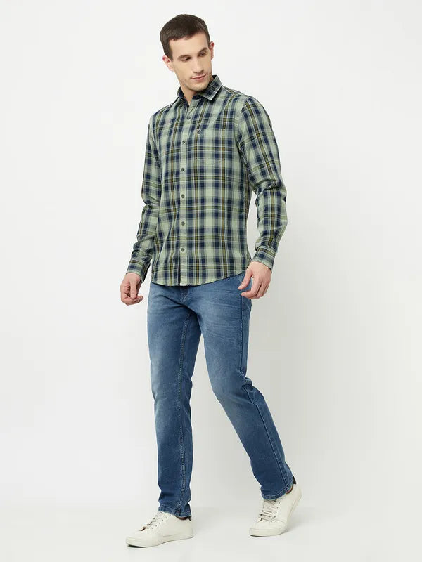 Mettle Men Olive Green Tartan Checks Checked Casual Shirt