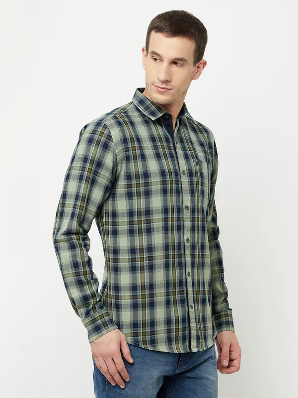 Mettle Men Olive Green Tartan Checks Checked Casual Shirt