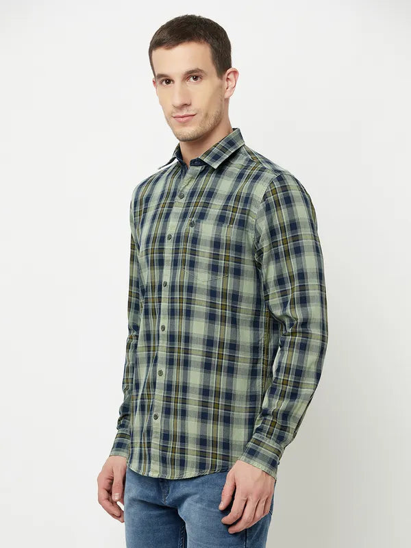 Mettle Men Olive Green Tartan Checks Checked Casual Shirt