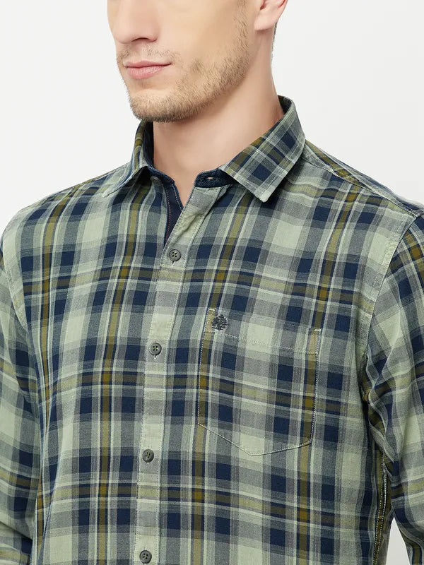 Mettle Men Olive Green Tartan Checks Checked Casual Shirt