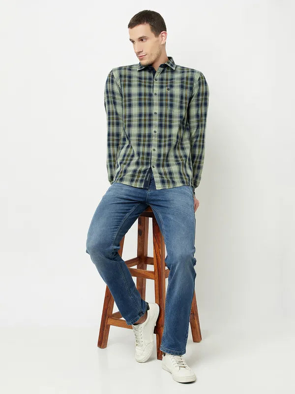 Mettle Men Olive Green Tartan Checks Checked Casual Shirt