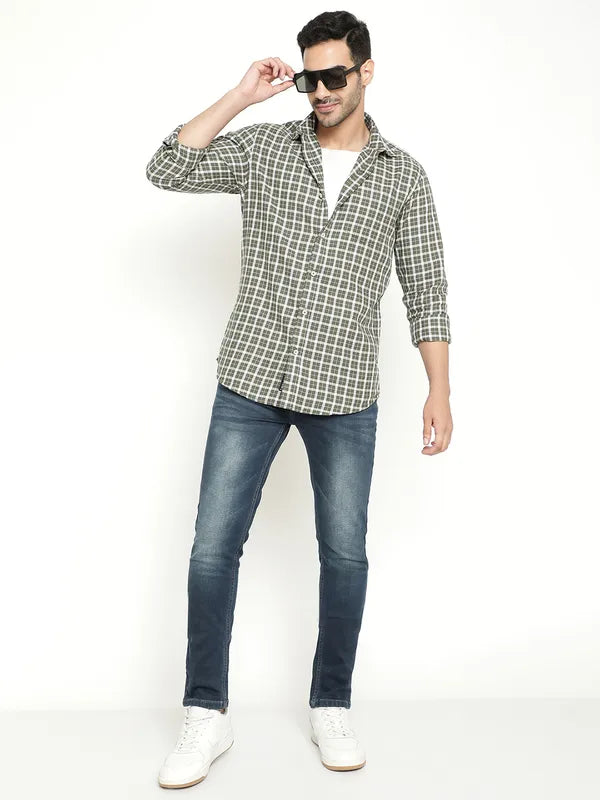 Mettle Men Gingham Checked Spread Collar Long Sleeves Cotton Casual Shirt