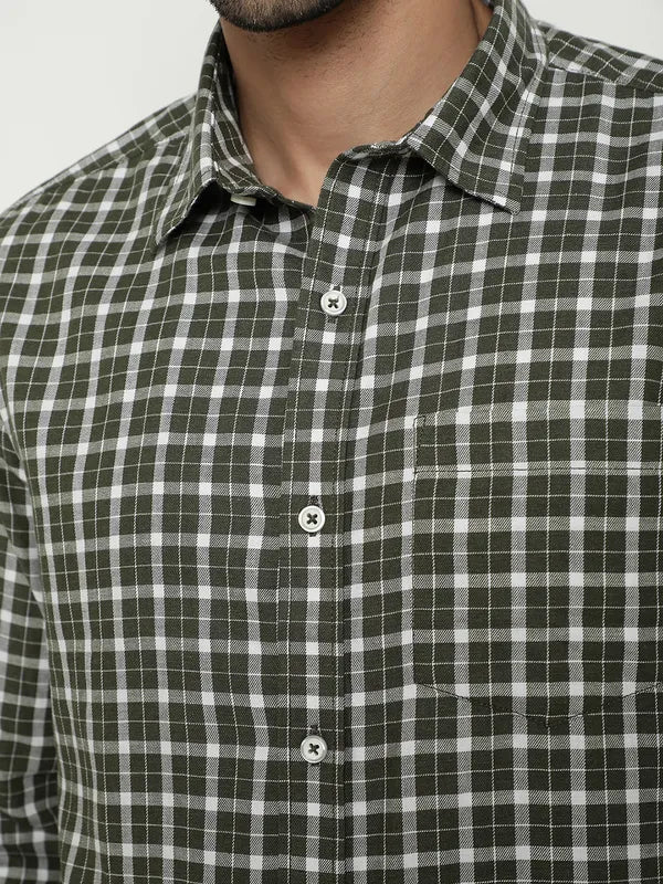 Mettle Men Gingham Checked Spread Collar Long Sleeves Cotton Casual Shirt