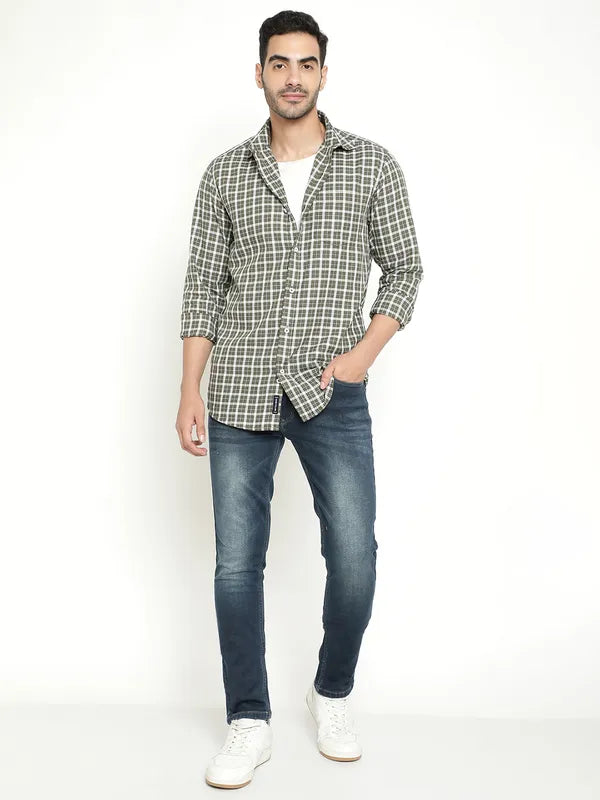 Mettle Men Gingham Checked Spread Collar Long Sleeves Cotton Casual Shirt