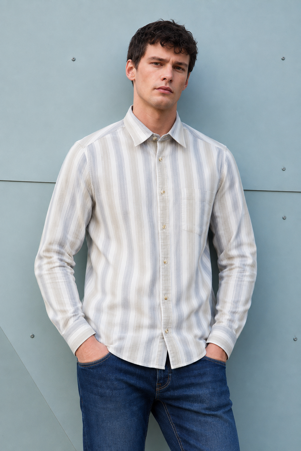 Men’s Natural Oxford Stripe Full Sleeve Shirt | Regular Fit