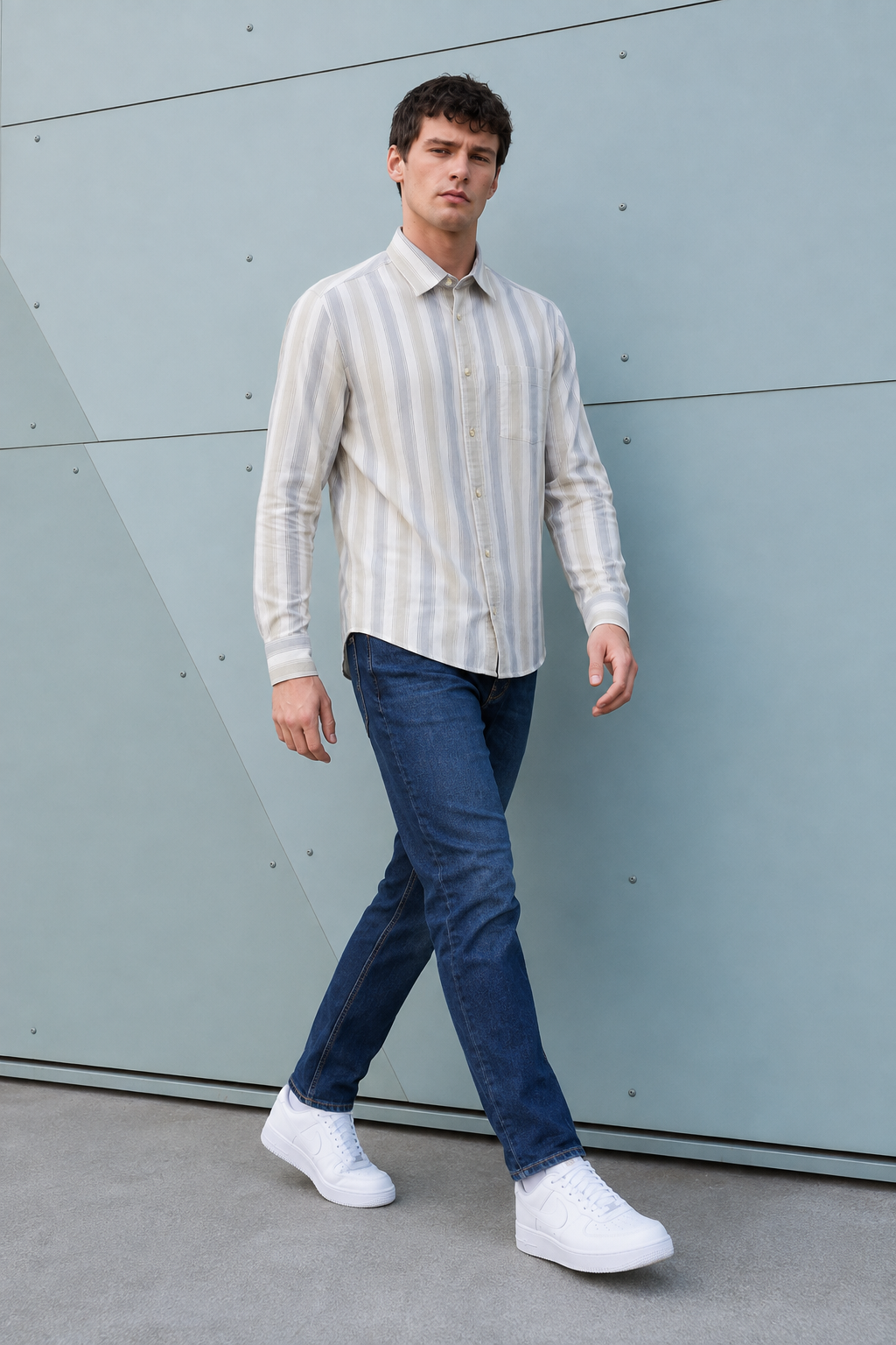Men’s Natural Oxford Stripe Full Sleeve Shirt | Regular Fit