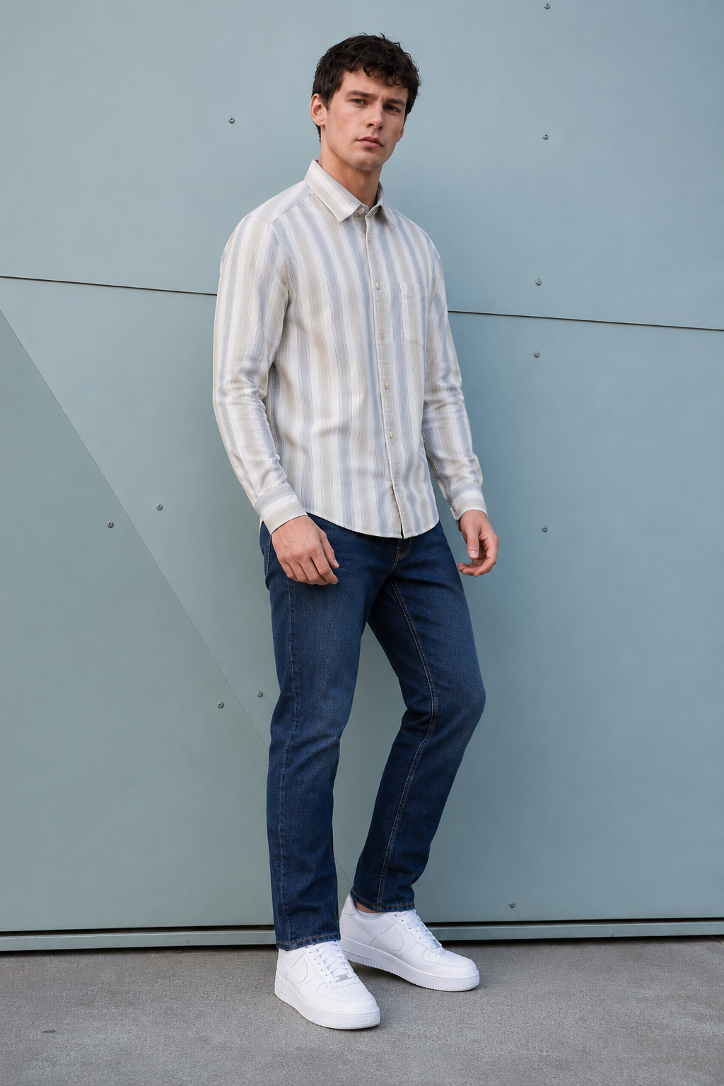 Men’s Natural Oxford Stripe Full Sleeve Shirt | Regular Fit