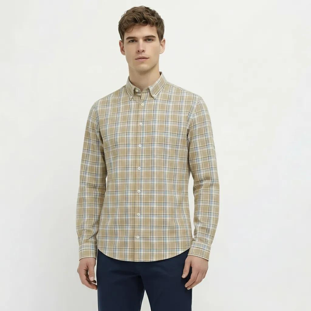 Men Dusty Mustard Tartan Checked Button-Down Collar Cotton Casual Shirt