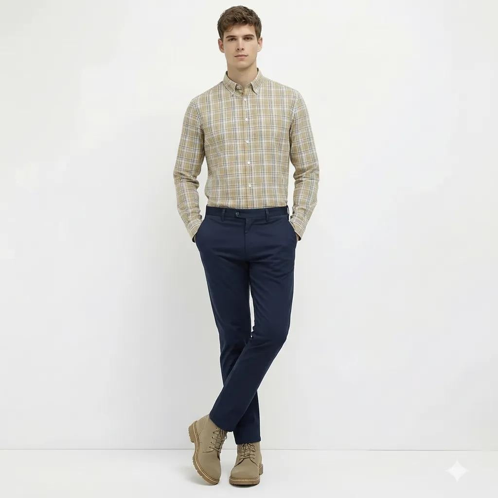Men Dusty Mustard Tartan Checked Button-Down Collar Cotton Casual Shirt