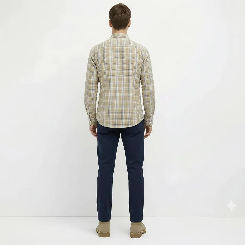 Men Dusty Mustard Tartan Checked Button-Down Collar Cotton Casual Shirt