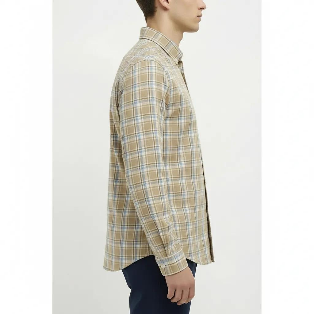 Men Dusty Mustard Tartan Checked Button-Down Collar Cotton Casual Shirt