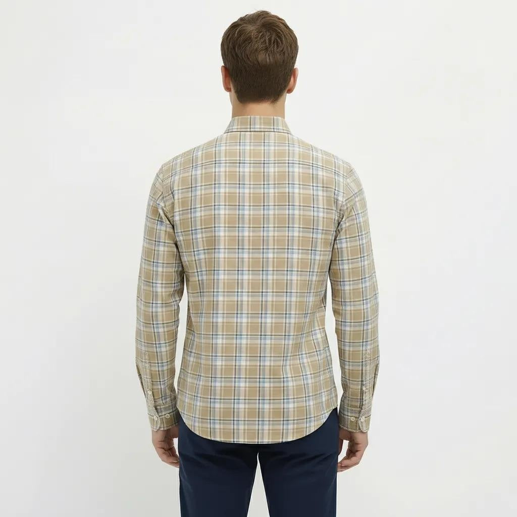 Men Dusty Mustard Tartan Checked Button-Down Collar Cotton Casual Shirt