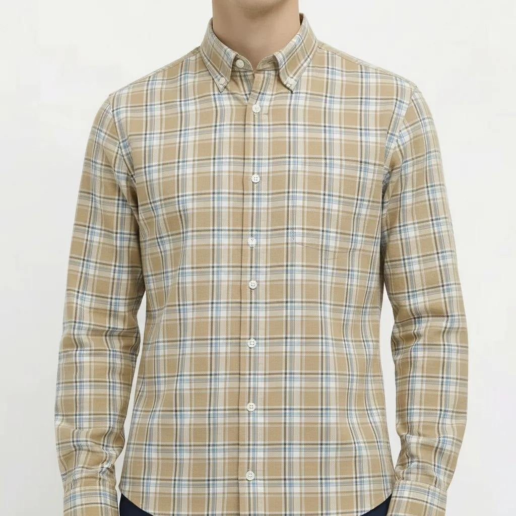 Men Dusty Mustard Tartan Checked Button-Down Collar Cotton Casual Shirt