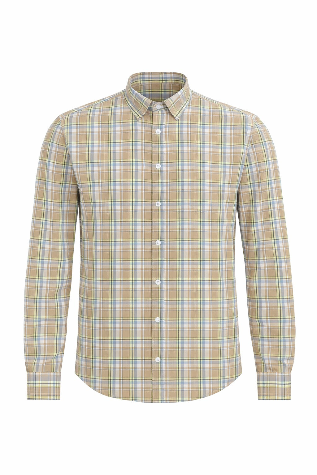 Men Dusty Mustard Tartan Checked Button-Down Collar Cotton Casual Shirt