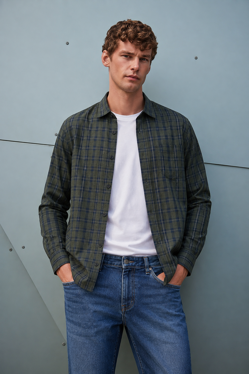 Men’s Olive Cotton Check Full Sleeve Shirt | Regular Fit