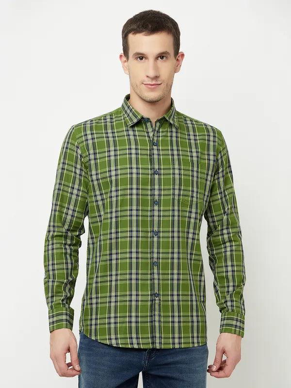 Mettle Men Olive Green Tartan Checks Checked Casual Shirt