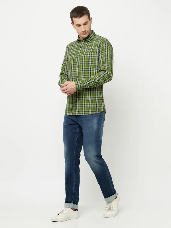 Mettle Men Olive Green Tartan Checks Checked Casual Shirt