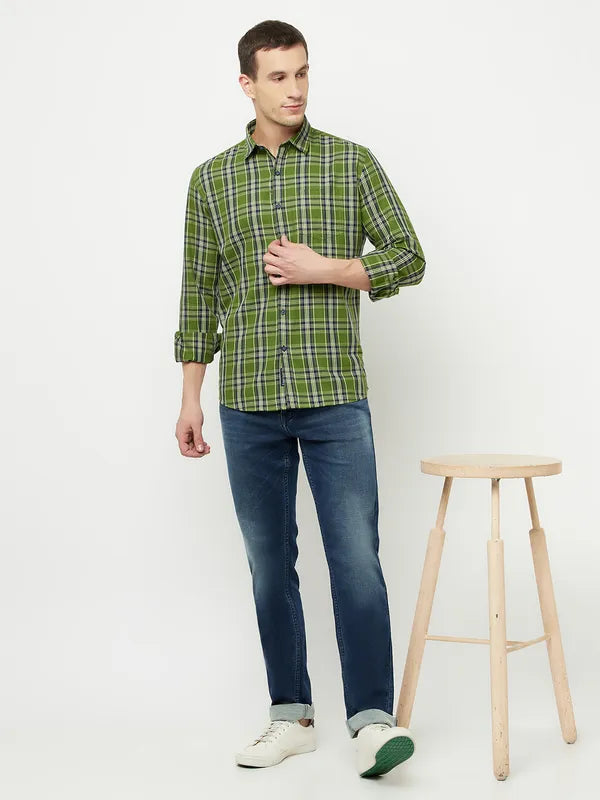 Mettle Men Olive Green Tartan Checks Checked Casual Shirt