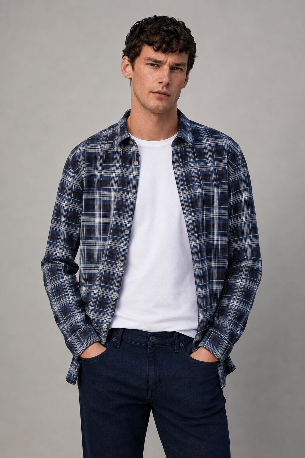 Men’s Navy Oxford Check Full Sleeve Shirt | Regular Fit Checked