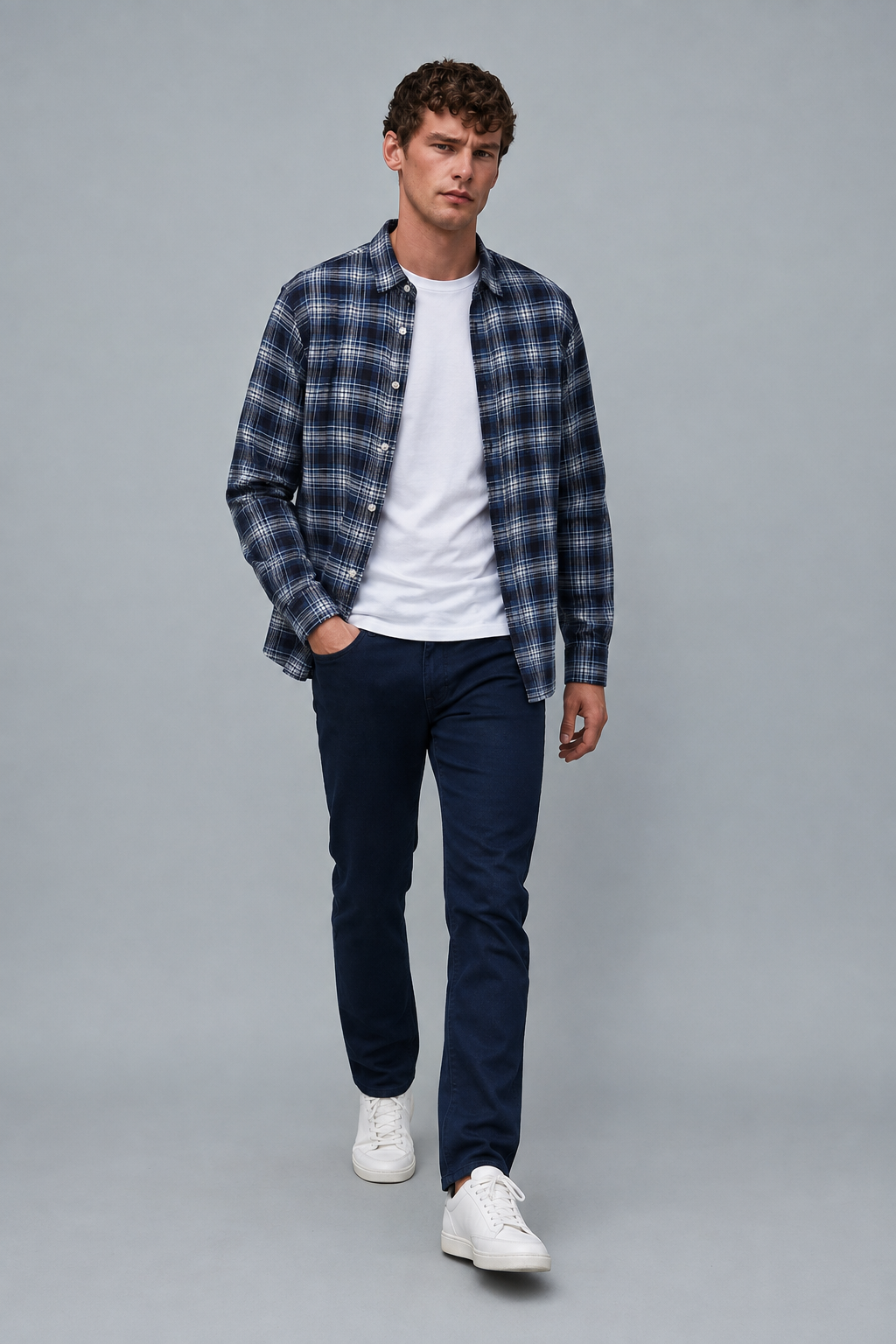 Men’s Navy Oxford Check Full Sleeve Shirt | Regular Fit Checked