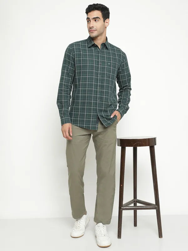 Mettle Men Green Tartan Checks Opaque Checked Casual Shirt