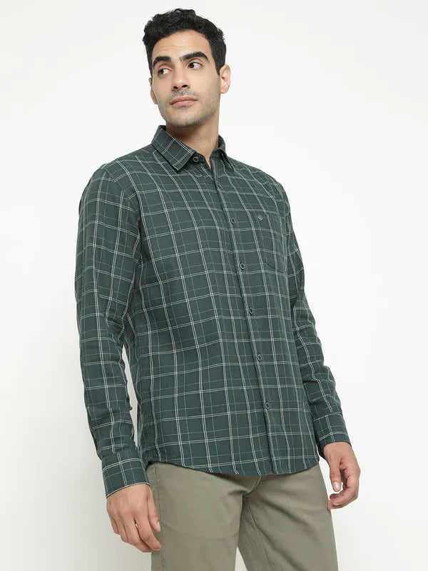 Mettle Men Green Tartan Checks Opaque Checked Casual Shirt