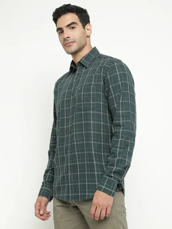 Mettle Men Green Tartan Checks Opaque Checked Casual Shirt