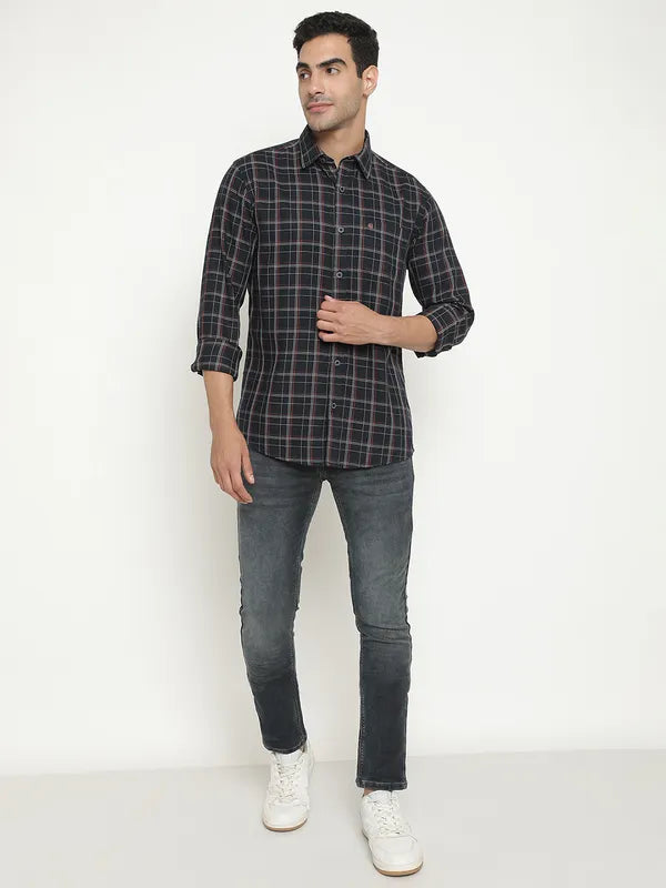 Mettle Men Navy Blue Grid Tattersall Checks Opaque Checked Casual Shirt