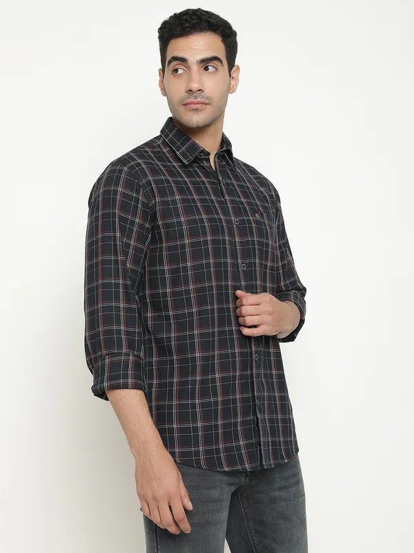 Mettle Men Navy Blue Grid Tattersall Checks Opaque Checked Casual Shirt