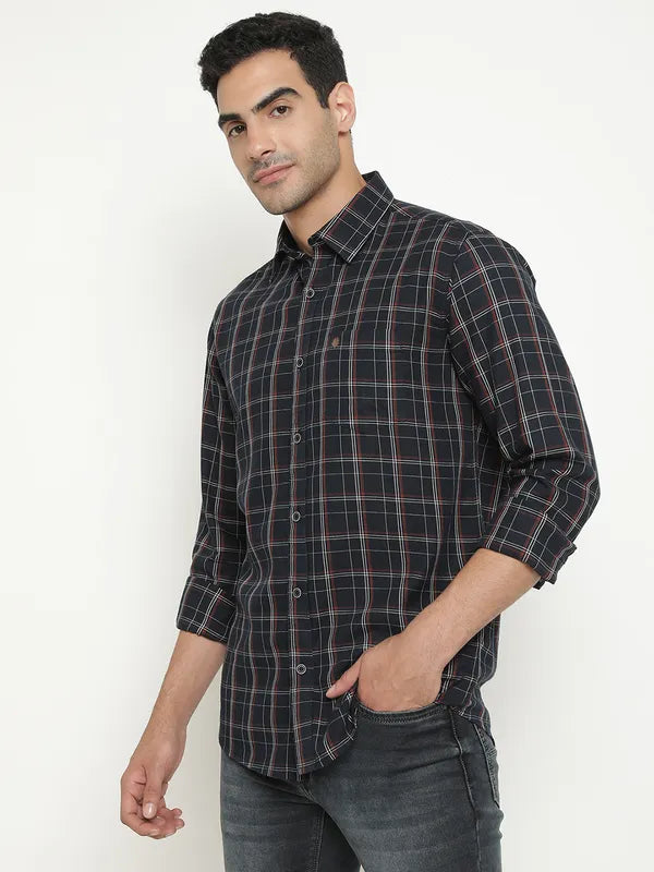 Mettle Men Navy Blue Grid Tattersall Checks Opaque Checked Casual Shirt