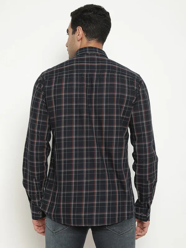 Mettle Men Navy Blue Grid Tattersall Checks Opaque Checked Casual Shirt