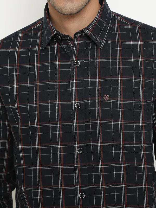 Mettle Men Navy Blue Grid Tattersall Checks Opaque Checked Casual Shirt