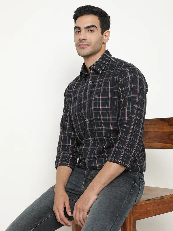 Mettle Men Navy Blue Grid Tattersall Checks Opaque Checked Casual Shirt