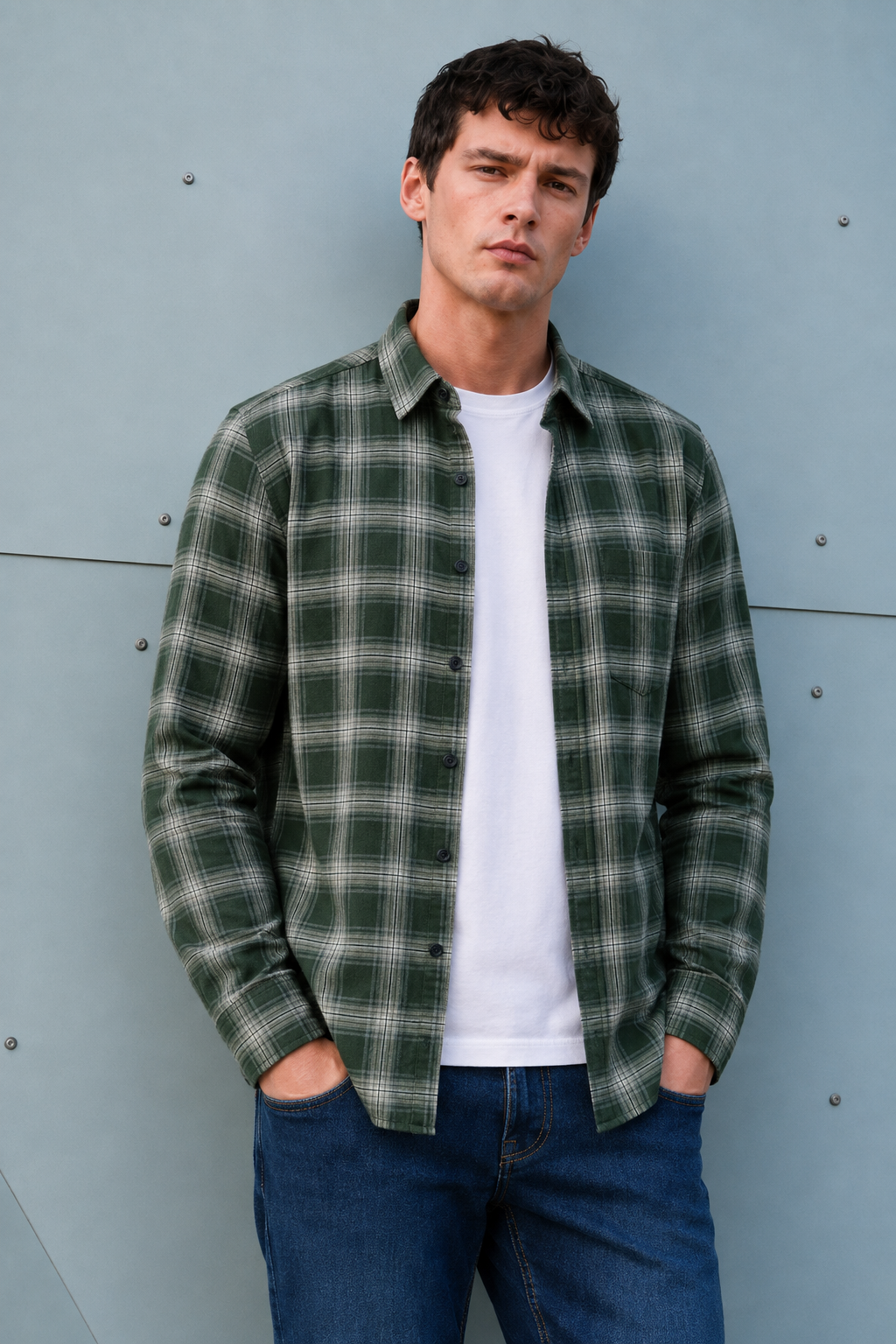 Men’s Dark Olive Oxford Check Full Sleeve Shirt | Regular Fit Checked