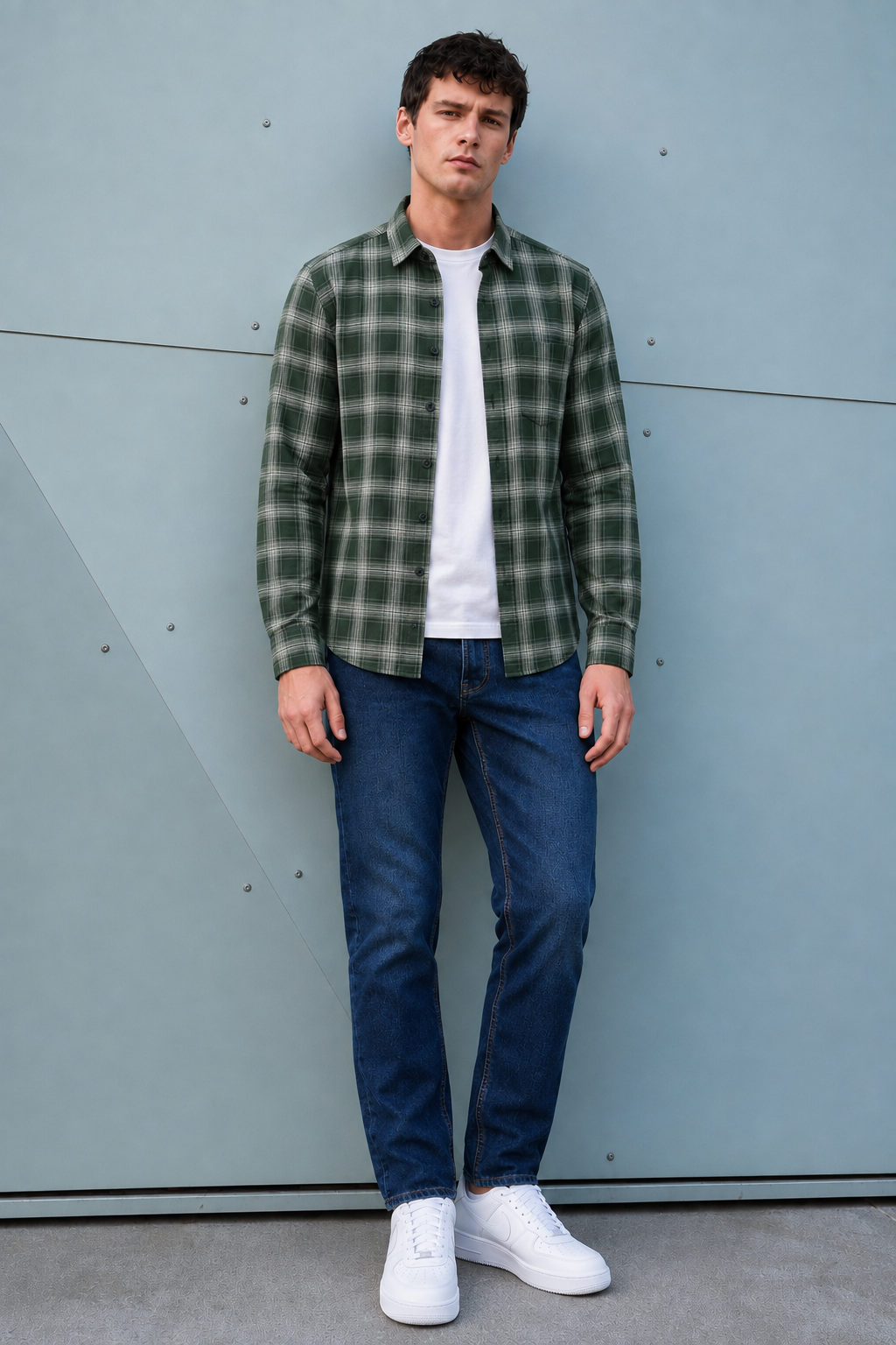 Men’s Dark Olive Oxford Check Full Sleeve Shirt | Regular Fit Checked