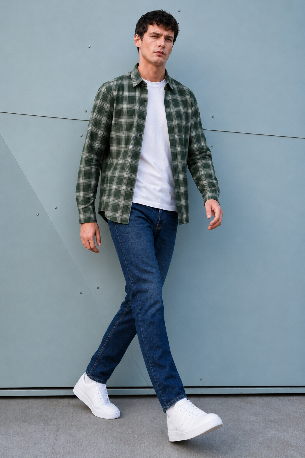 Men’s Dark Olive Oxford Check Full Sleeve Shirt | Regular Fit Checked