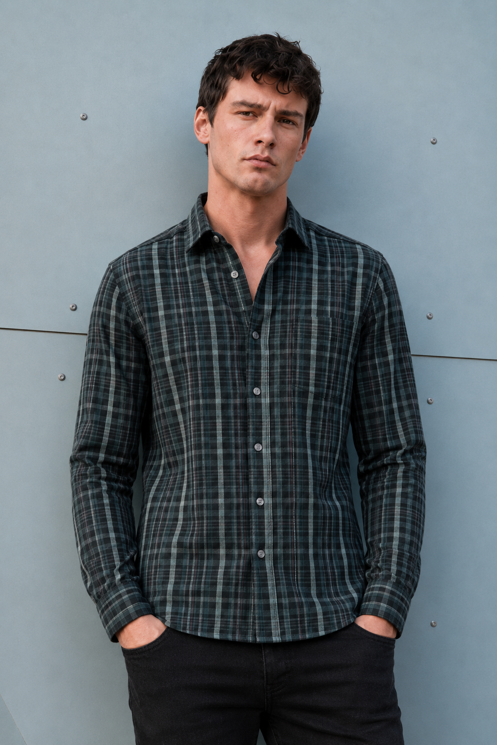 Men’s Black Cotton Melange Check Full Sleeve Shirt | Regular Fit