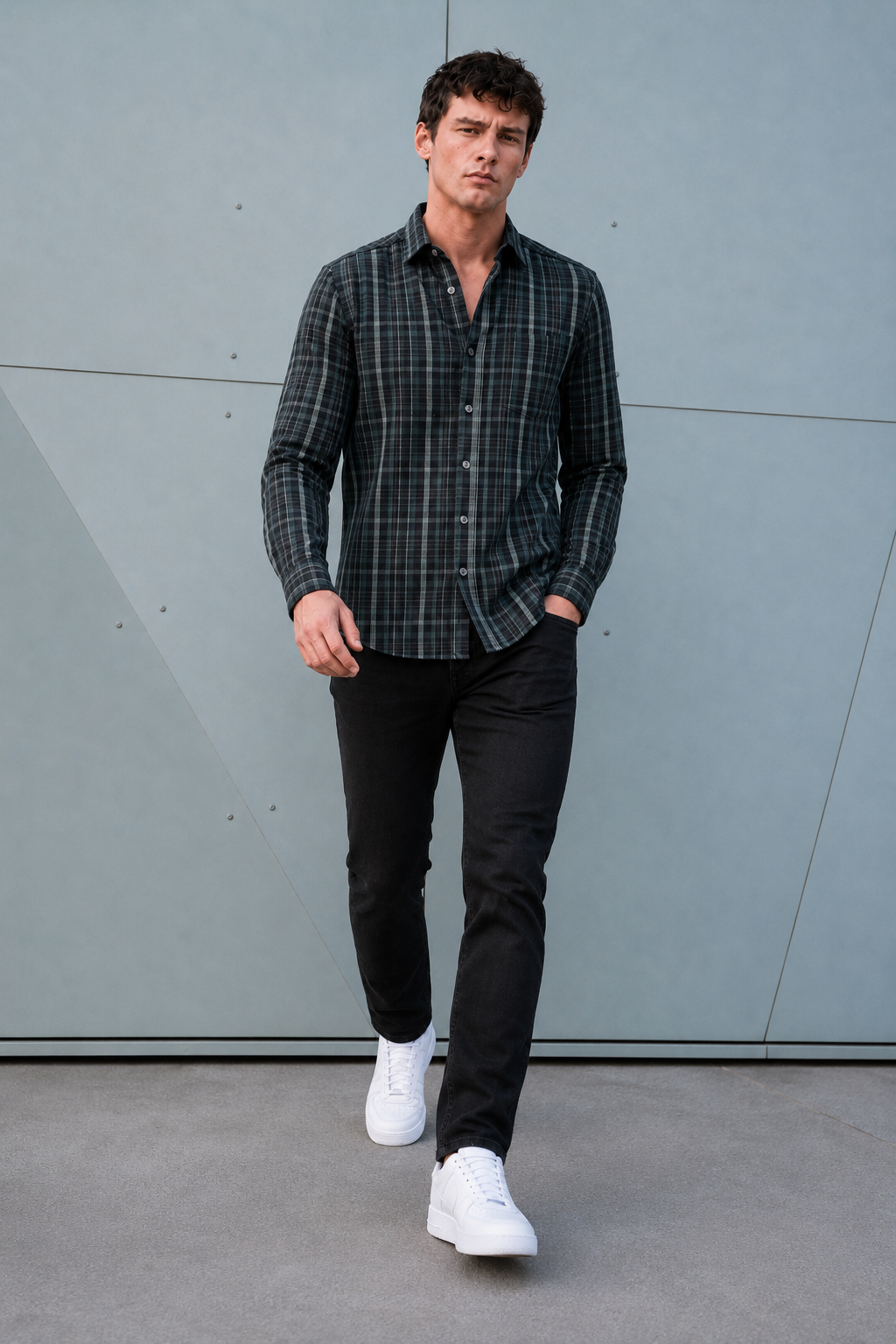 Men’s Black Cotton Melange Check Full Sleeve Shirt | Regular Fit