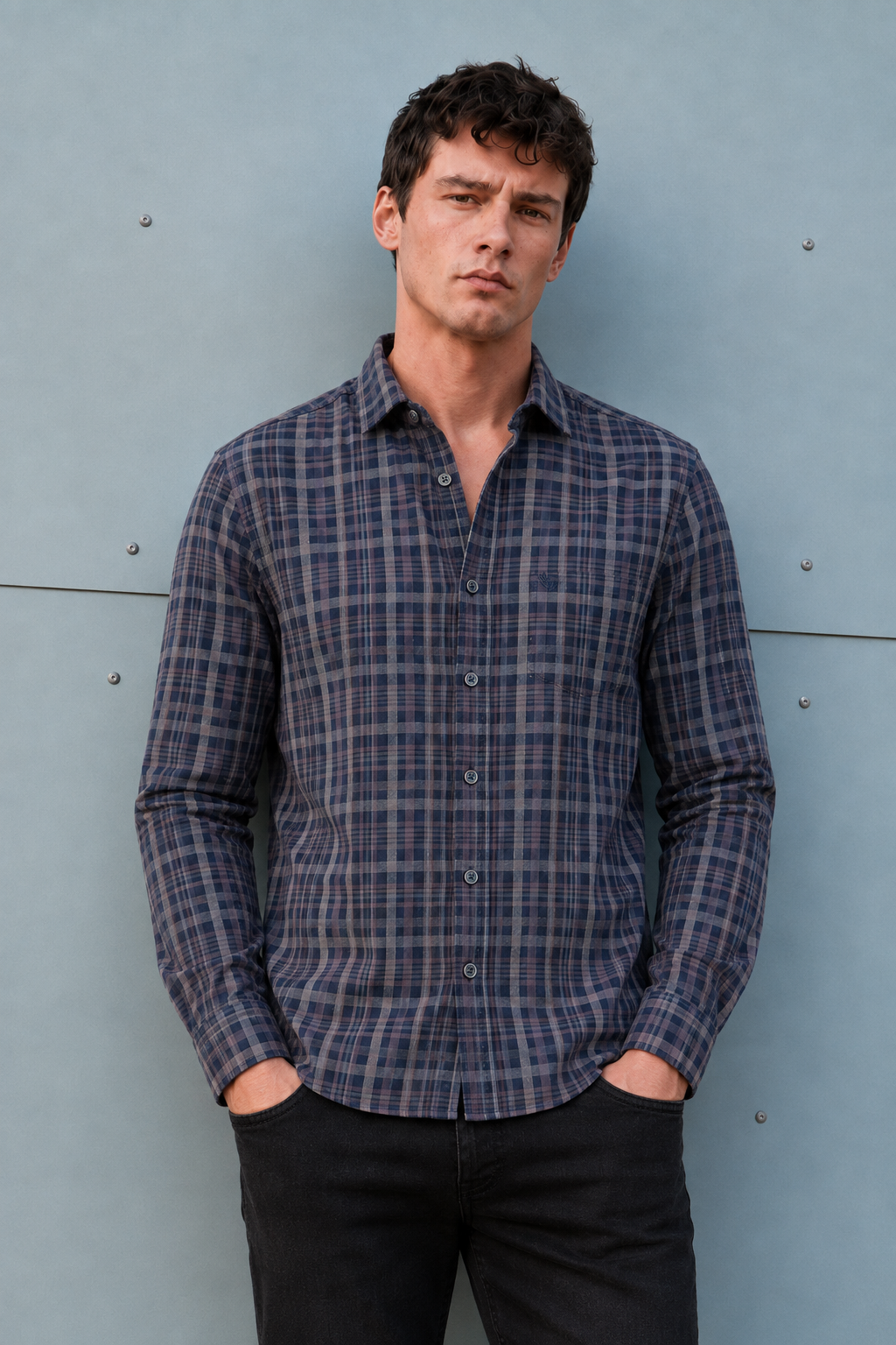 Men’s Navy Cotton Melange Check Full Sleeve Shirt | Regular Fit