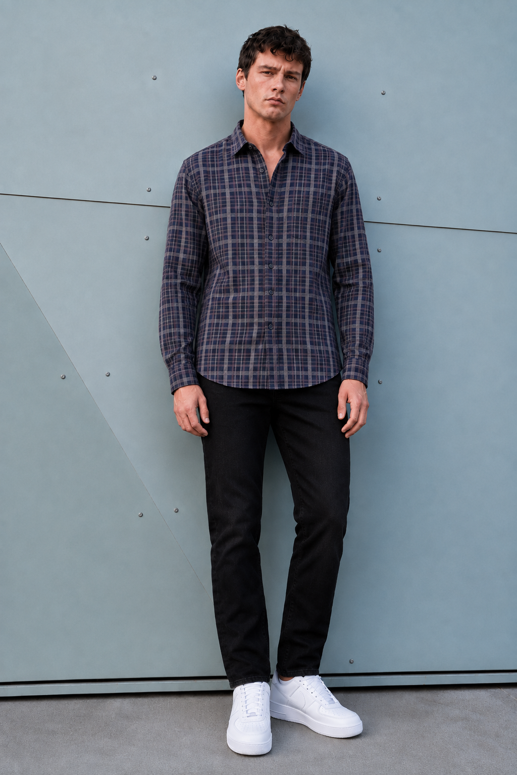 Men’s Navy Cotton Melange Check Full Sleeve Shirt | Regular Fit