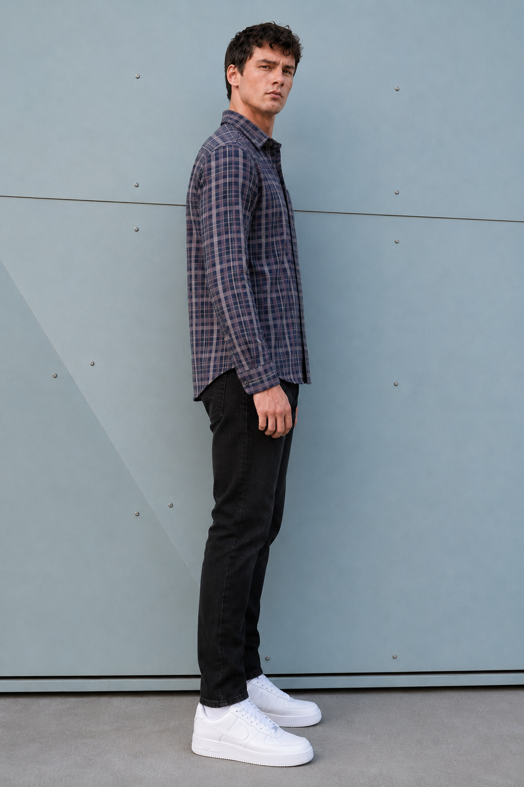 Men’s Navy Cotton Melange Check Full Sleeve Shirt | Regular Fit